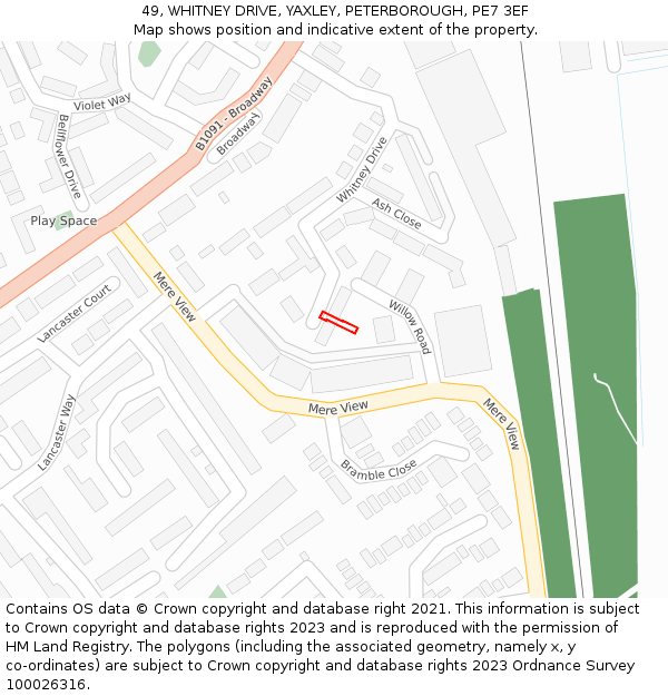 49, WHITNEY DRIVE, YAXLEY, PETERBOROUGH, PE7 3EF: Location map and indicative extent of plot