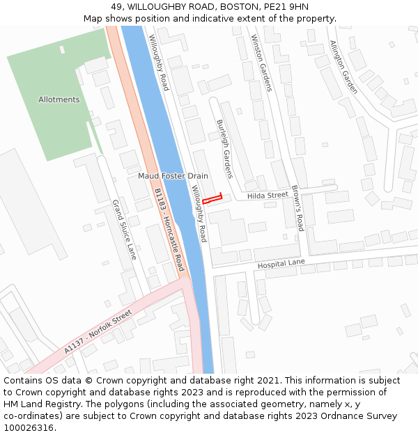 49, WILLOUGHBY ROAD, BOSTON, PE21 9HN: Location map and indicative extent of plot