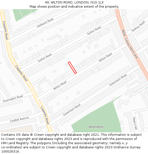 49, WILTON ROAD, LONDON, N10 1LX: Location map and indicative extent of plot