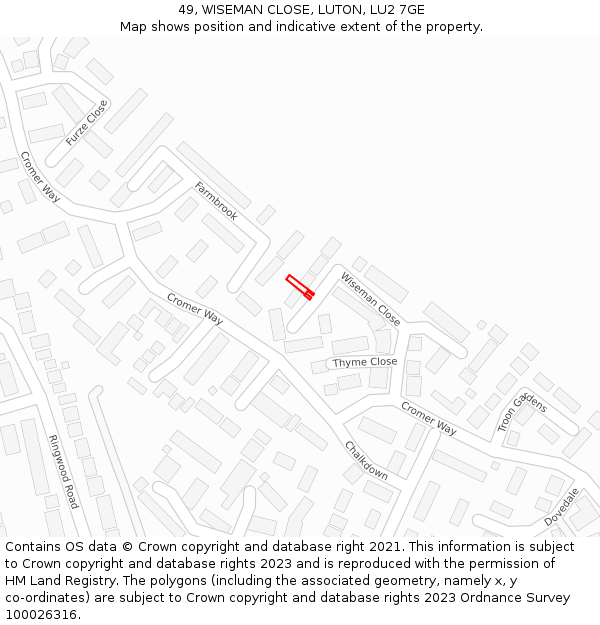 49, WISEMAN CLOSE, LUTON, LU2 7GE: Location map and indicative extent of plot