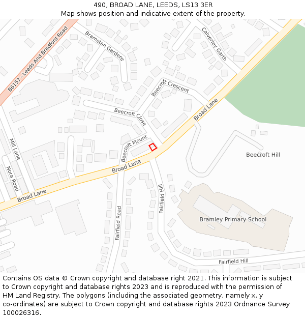 490, BROAD LANE, LEEDS, LS13 3ER: Location map and indicative extent of plot