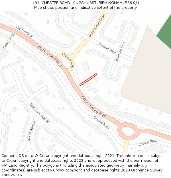 491, CHESTER ROAD, KINGSHURST, BIRMINGHAM, B36 0JU: Location map and indicative extent of plot