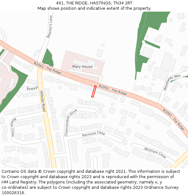 491, THE RIDGE, HASTINGS, TN34 2RT: Location map and indicative extent of plot