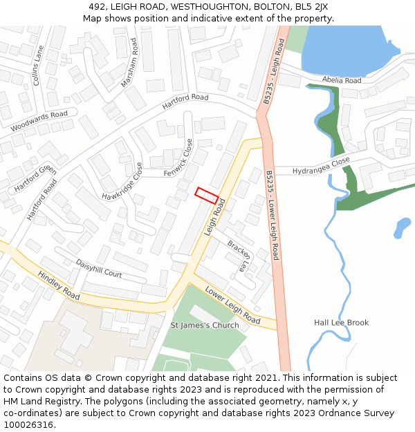 492, LEIGH ROAD, WESTHOUGHTON, BOLTON, BL5 2JX: Location map and indicative extent of plot