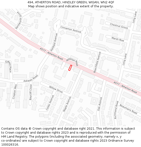494, ATHERTON ROAD, HINDLEY GREEN, WIGAN, WN2 4QF: Location map and indicative extent of plot