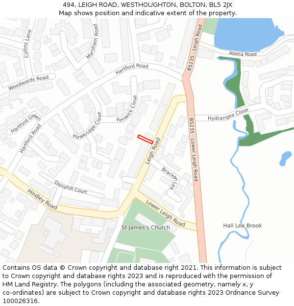 494, LEIGH ROAD, WESTHOUGHTON, BOLTON, BL5 2JX: Location map and indicative extent of plot