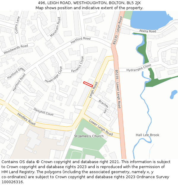 496, LEIGH ROAD, WESTHOUGHTON, BOLTON, BL5 2JX: Location map and indicative extent of plot