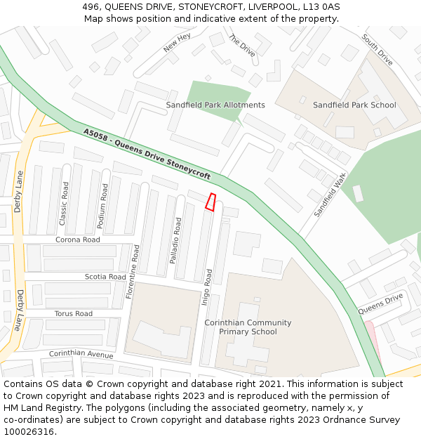 496, QUEENS DRIVE, STONEYCROFT, LIVERPOOL, L13 0AS: Location map and indicative extent of plot
