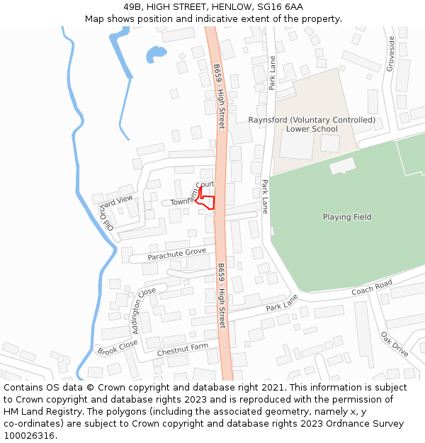 49B, HIGH STREET, HENLOW, SG16 6AA: Location map and indicative extent of plot