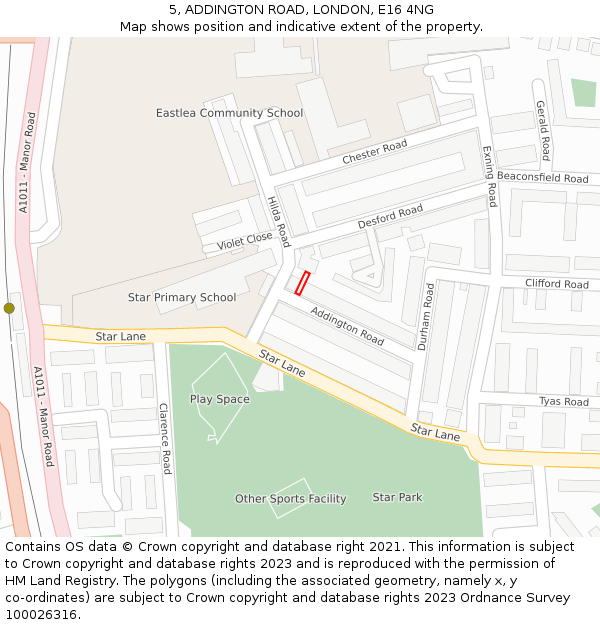 5, ADDINGTON ROAD, LONDON, E16 4NG: Location map and indicative extent of plot