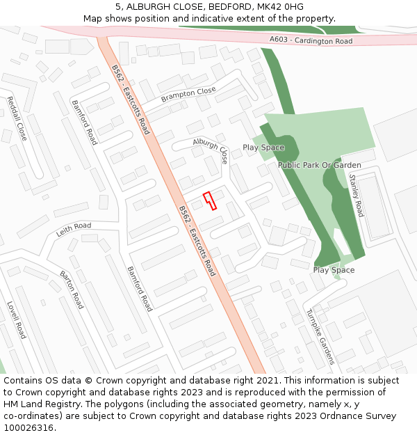 5, ALBURGH CLOSE, BEDFORD, MK42 0HG: Location map and indicative extent of plot