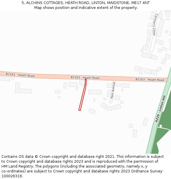 5, ALCHINS COTTAGES, HEATH ROAD, LINTON, MAIDSTONE, ME17 4NT: Location map and indicative extent of plot