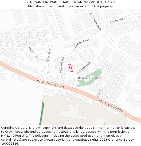 5, ALEXANDRA ROAD, CHARLESTOWN, WEYMOUTH, DT4 9TL: Location map and indicative extent of plot