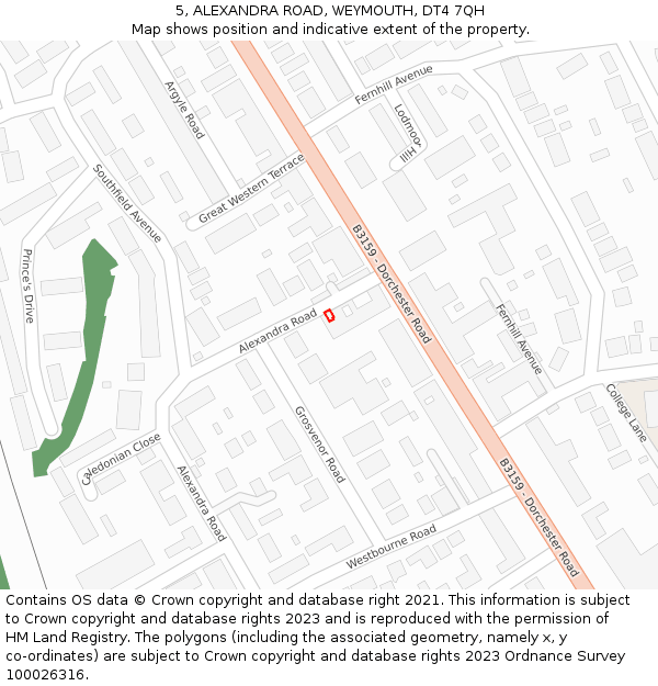 5, ALEXANDRA ROAD, WEYMOUTH, DT4 7QH: Location map and indicative extent of plot