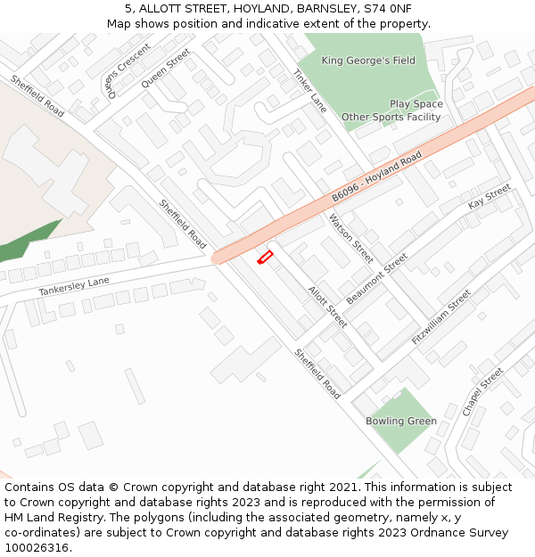 5, ALLOTT STREET, HOYLAND, BARNSLEY, S74 0NF: Location map and indicative extent of plot
