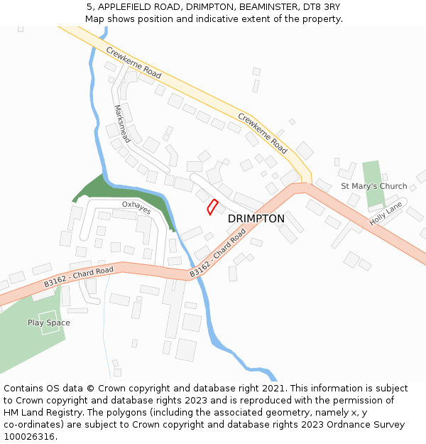 5, APPLEFIELD ROAD, DRIMPTON, BEAMINSTER, DT8 3RY: Location map and indicative extent of plot