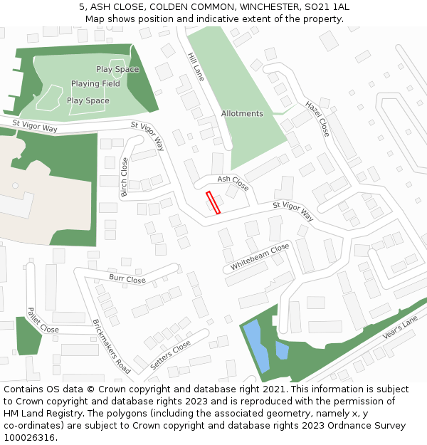 5, ASH CLOSE, COLDEN COMMON, WINCHESTER, SO21 1AL: Location map and indicative extent of plot