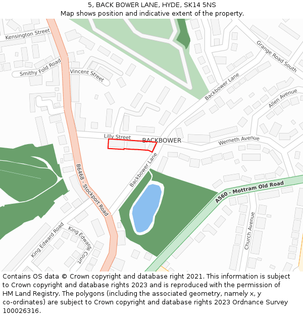 5, BACK BOWER LANE, HYDE, SK14 5NS: Location map and indicative extent of plot