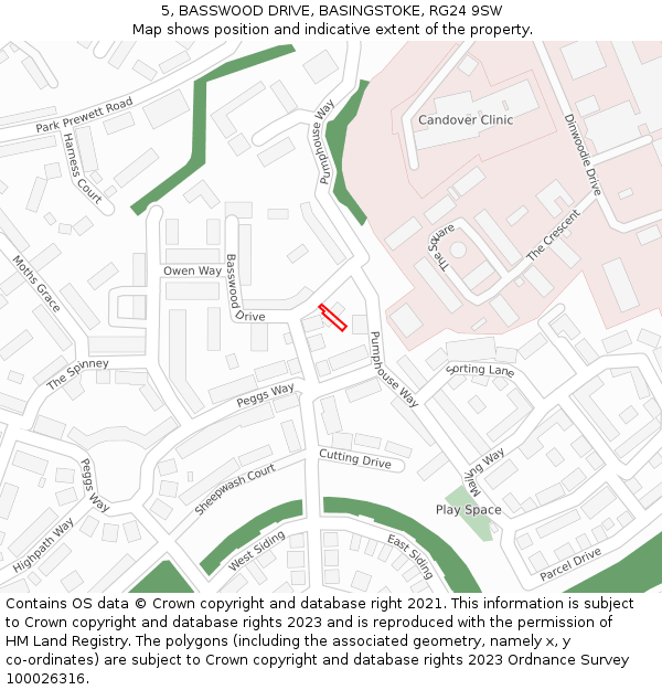 5, BASSWOOD DRIVE, BASINGSTOKE, RG24 9SW: Location map and indicative extent of plot