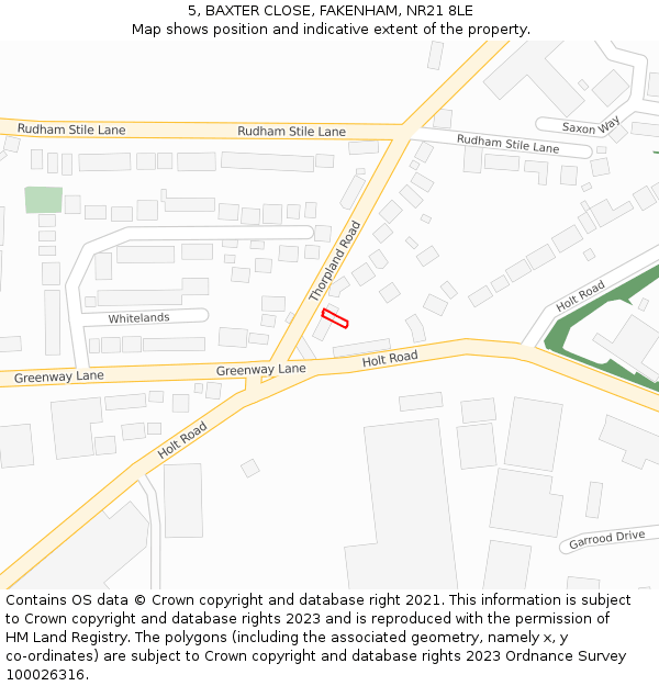 5, BAXTER CLOSE, FAKENHAM, NR21 8LE: Location map and indicative extent of plot