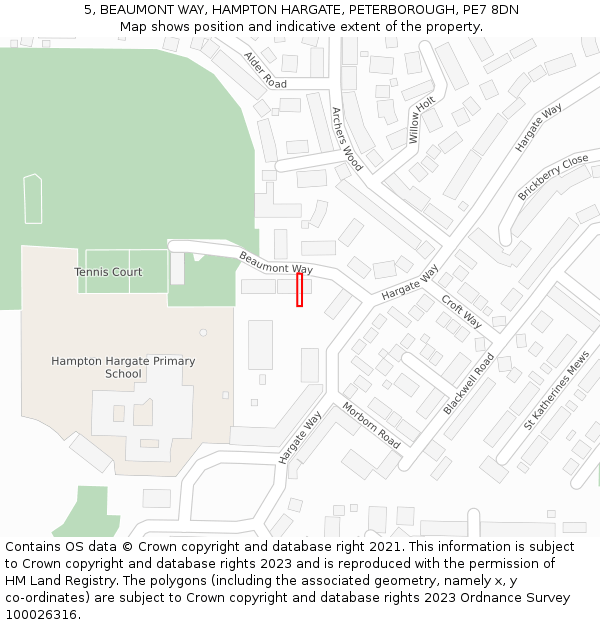 5, BEAUMONT WAY, HAMPTON HARGATE, PETERBOROUGH, PE7 8DN: Location map and indicative extent of plot