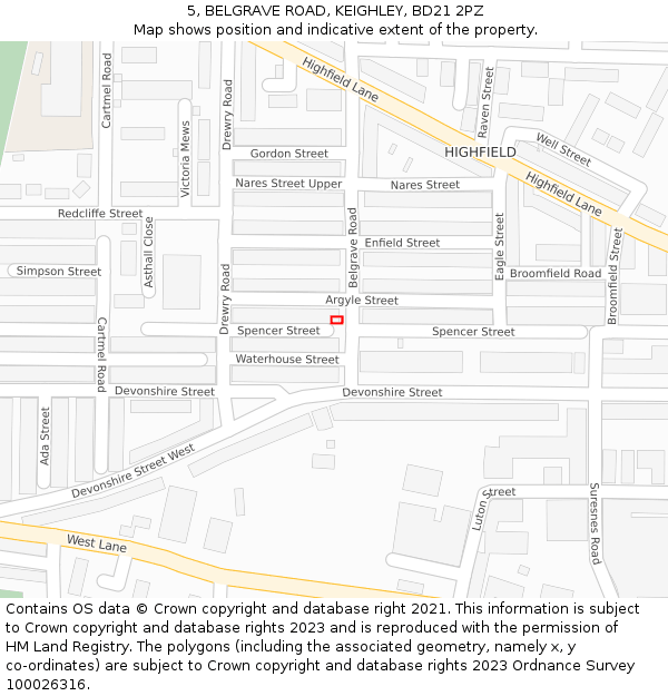 5, BELGRAVE ROAD, KEIGHLEY, BD21 2PZ: Location map and indicative extent of plot