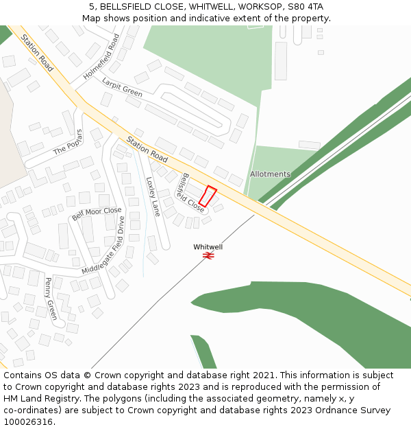 5, BELLSFIELD CLOSE, WHITWELL, WORKSOP, S80 4TA: Location map and indicative extent of plot