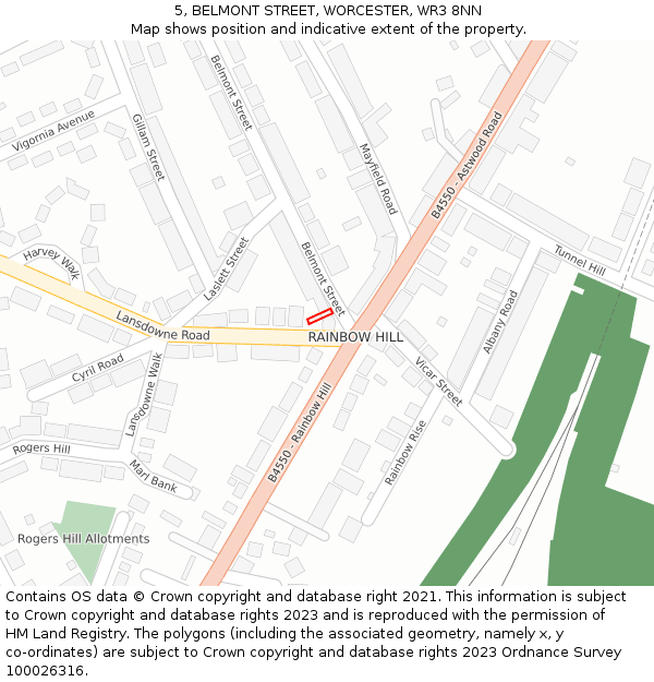 5, BELMONT STREET, WORCESTER, WR3 8NN: Location map and indicative extent of plot