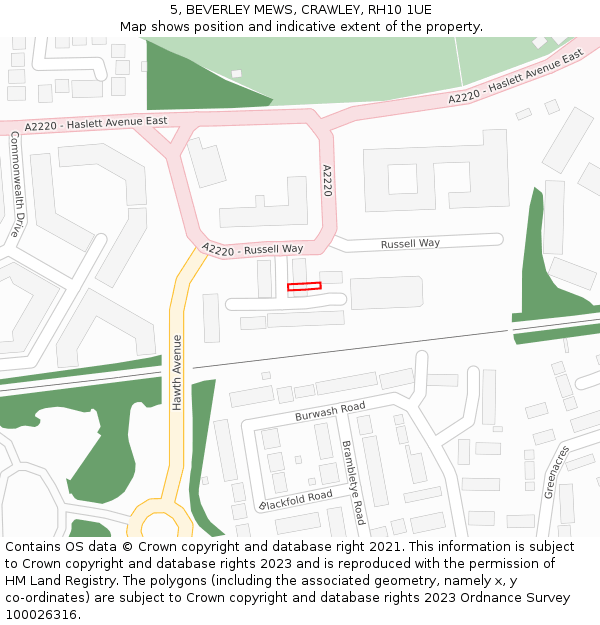 5, BEVERLEY MEWS, CRAWLEY, RH10 1UE: Location map and indicative extent of plot