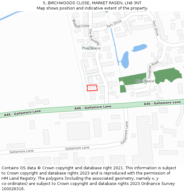 5, BIRCHWOODS CLOSE, MARKET RASEN, LN8 3NT: Location map and indicative extent of plot
