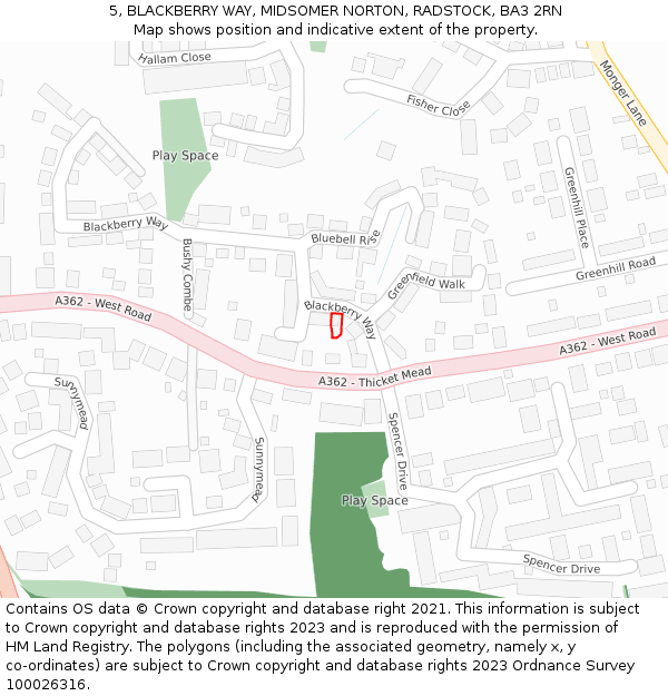 5, BLACKBERRY WAY, MIDSOMER NORTON, RADSTOCK, BA3 2RN: Location map and indicative extent of plot