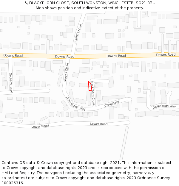 5, BLACKTHORN CLOSE, SOUTH WONSTON, WINCHESTER, SO21 3BU: Location map and indicative extent of plot