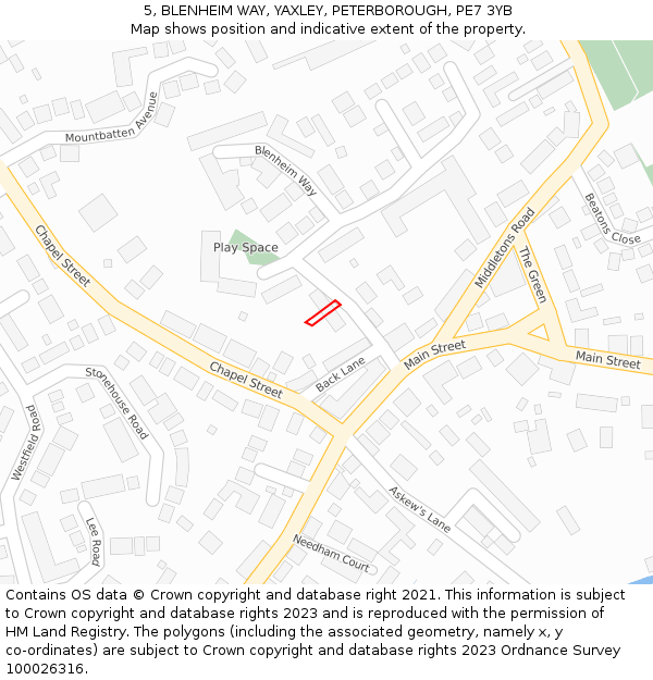 5, BLENHEIM WAY, YAXLEY, PETERBOROUGH, PE7 3YB: Location map and indicative extent of plot