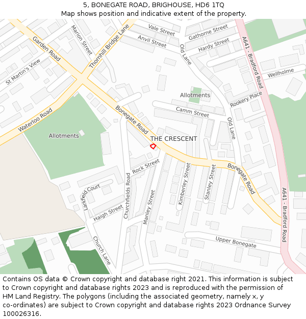 5, BONEGATE ROAD, BRIGHOUSE, HD6 1TQ: Location map and indicative extent of plot