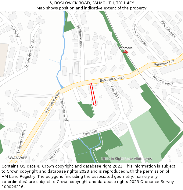 5, BOSLOWICK ROAD, FALMOUTH, TR11 4EY: Location map and indicative extent of plot