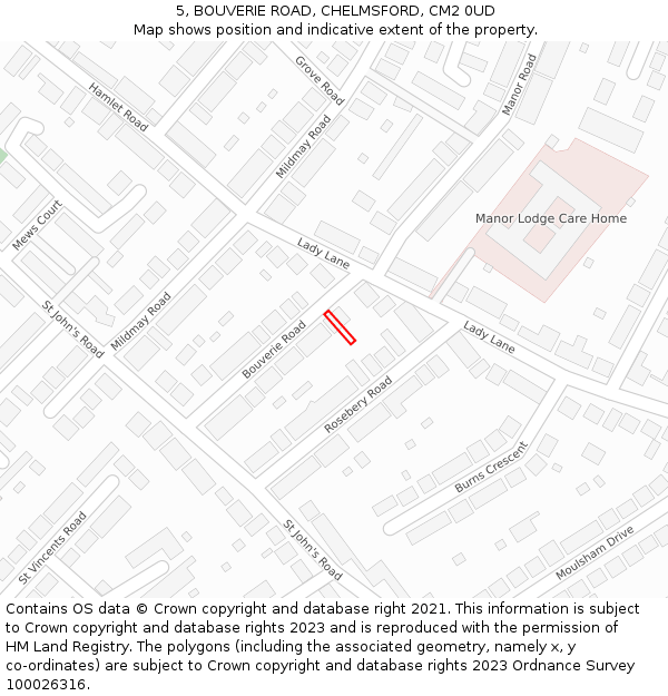 5, BOUVERIE ROAD, CHELMSFORD, CM2 0UD: Location map and indicative extent of plot