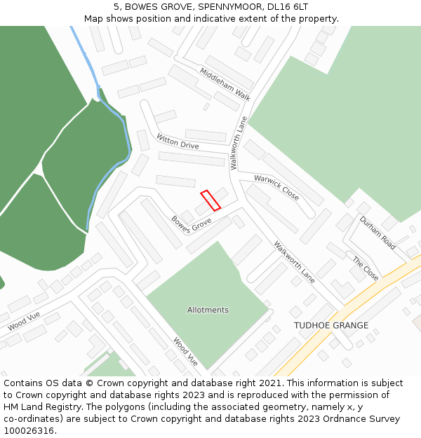 5, BOWES GROVE, SPENNYMOOR, DL16 6LT: Location map and indicative extent of plot