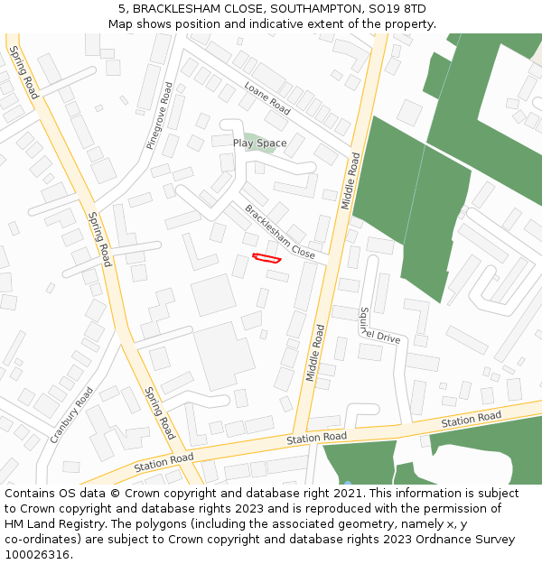 5, BRACKLESHAM CLOSE, SOUTHAMPTON, SO19 8TD: Location map and indicative extent of plot