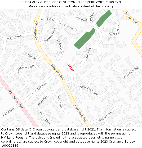 5, BRAMLEY CLOSE, GREAT SUTTON, ELLESMERE PORT, CH66 2XG: Location map and indicative extent of plot