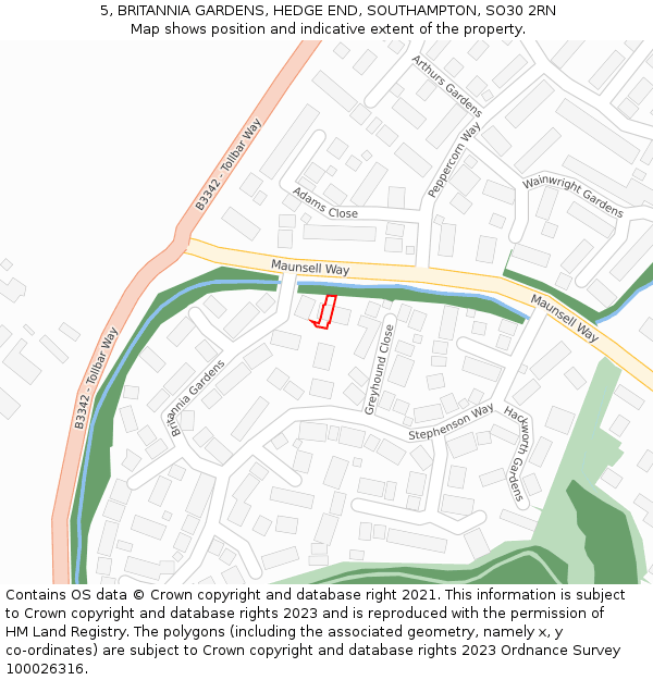 5, BRITANNIA GARDENS, HEDGE END, SOUTHAMPTON, SO30 2RN: Location map and indicative extent of plot