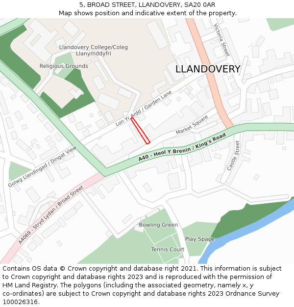 5, BROAD STREET, LLANDOVERY, SA20 0AR: Location map and indicative extent of plot