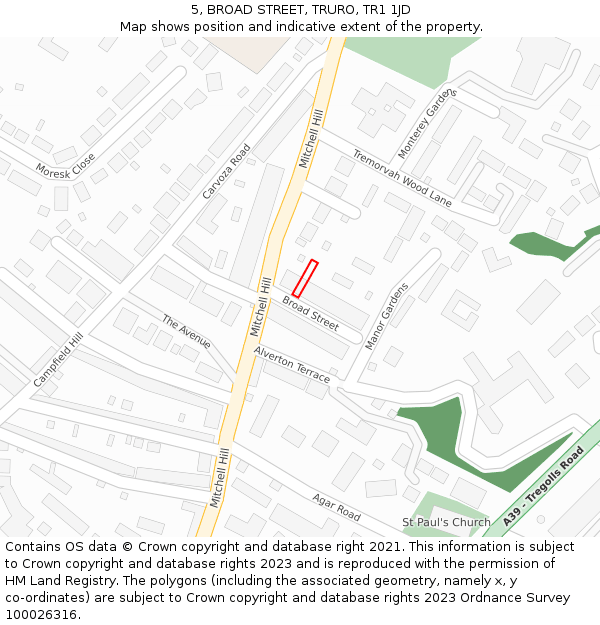 5, BROAD STREET, TRURO, TR1 1JD: Location map and indicative extent of plot