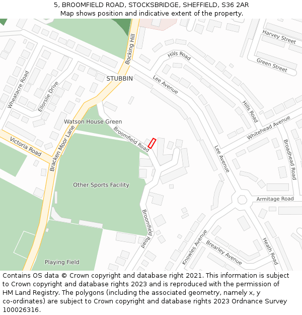 5, BROOMFIELD ROAD, STOCKSBRIDGE, SHEFFIELD, S36 2AR: Location map and indicative extent of plot