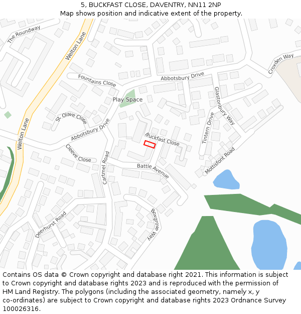 5, BUCKFAST CLOSE, DAVENTRY, NN11 2NP: Location map and indicative extent of plot