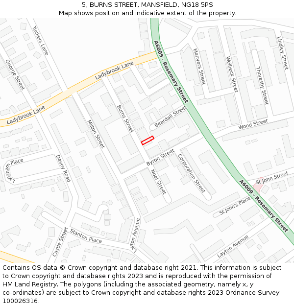 5, BURNS STREET, MANSFIELD, NG18 5PS: Location map and indicative extent of plot