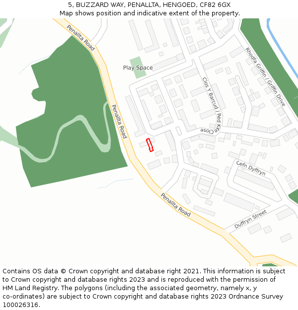 5, BUZZARD WAY, PENALLTA, HENGOED, CF82 6GX: Location map and indicative extent of plot