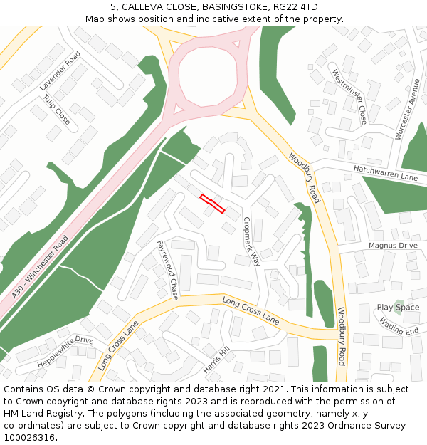 5, CALLEVA CLOSE, BASINGSTOKE, RG22 4TD: Location map and indicative extent of plot