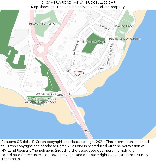 5, CAMBRIA ROAD, MENAI BRIDGE, LL59 5HF: Location map and indicative extent of plot