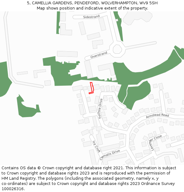 5, CAMELLIA GARDENS, PENDEFORD, WOLVERHAMPTON, WV9 5SH: Location map and indicative extent of plot