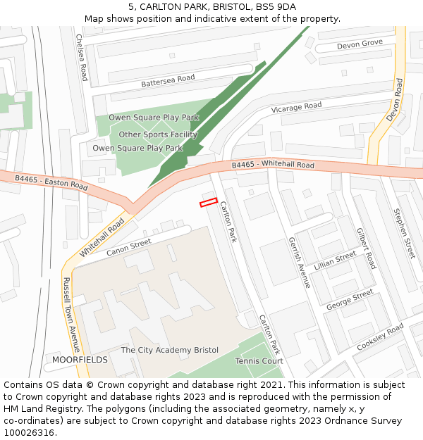 5, CARLTON PARK, BRISTOL, BS5 9DA: Location map and indicative extent of plot